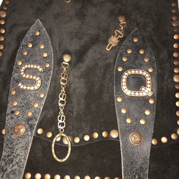 SAVE THE QUEEN Black Suede Studded Lucite Beads Strap Crossbody Bag Keychain - Picture 4 of 8